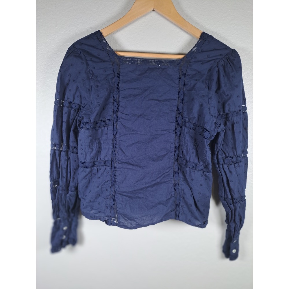 Jennifer & Grace Navy Blue Embroidered Lace Cotton Blouse Square Neck Medium - Picture 2 of 8